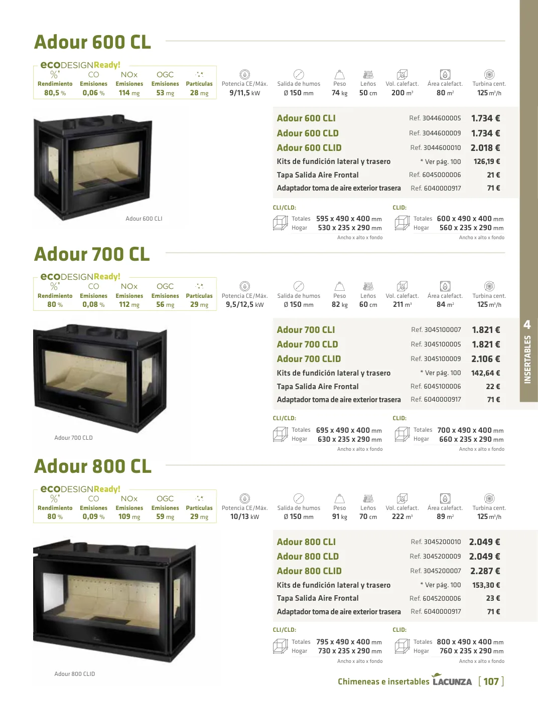 Tabla de modelos y precios de Adour CL